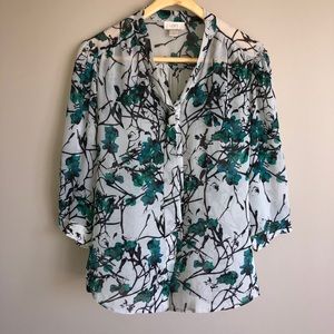 LOFT Sheer Blouse Long Sleeve Tie Front Floral